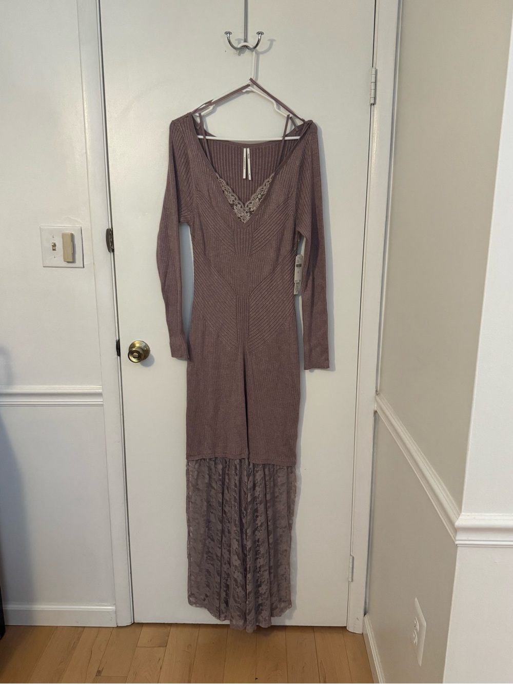 Free People Mauve Ribbed Maxi Dress with Lace Insert